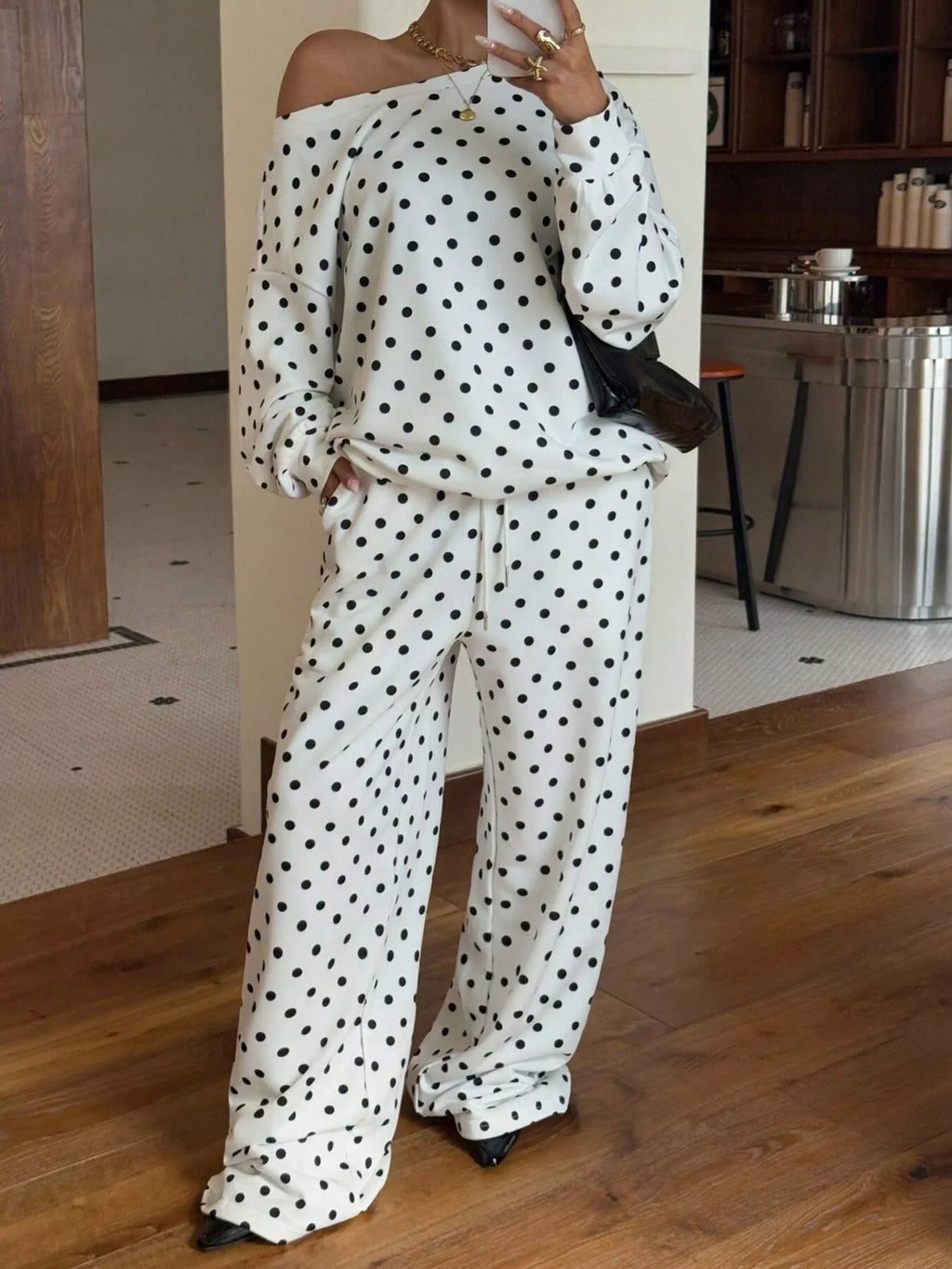 Women's Polka Dot Boat Neck Top and Pants Set