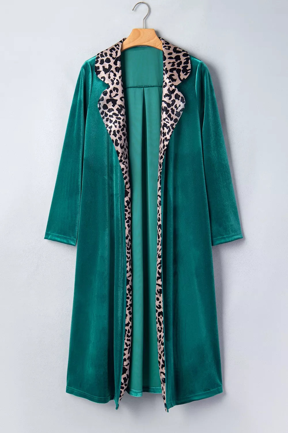 Women's Deep Teal Velvet Contrast Leopard Print Lapel Collar Open Front Cardigan - Deep Teal