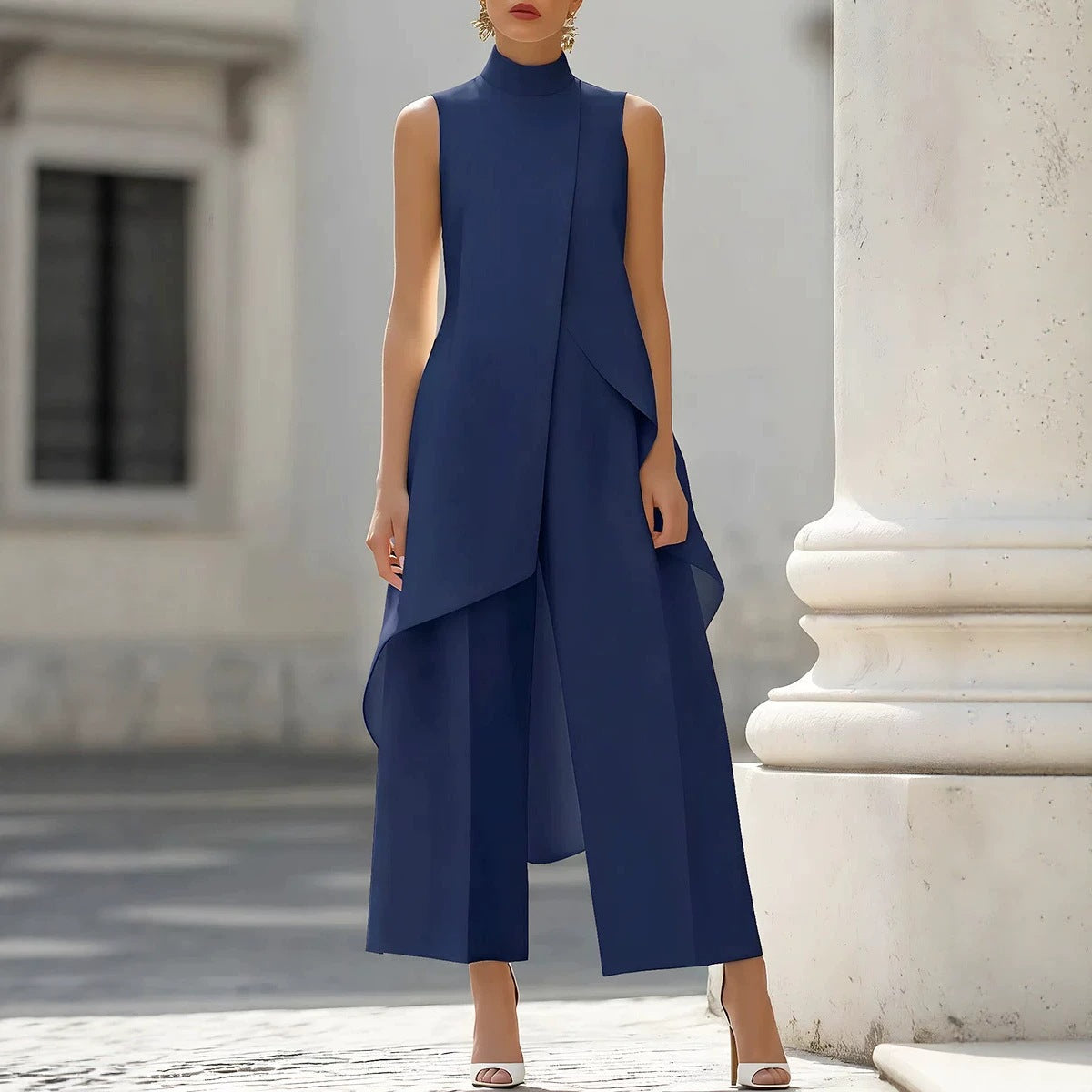 Fashion New Style, Slim-Fit Irregular Design, High-Neck Sleeveless Layered Wide-Leg Pants Two-Piece Set