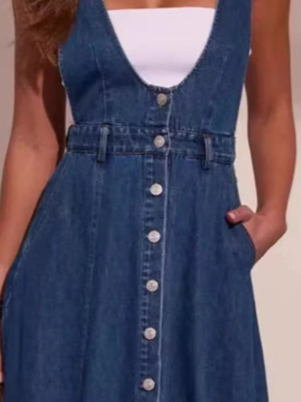 Women's Blue Button Front Denim Overall Midi Dress - Blue