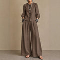 Women's Cotton-linen Set Single-breasted Lantern-sleeve Blouse And Wide-leg Pants Two-piece Set