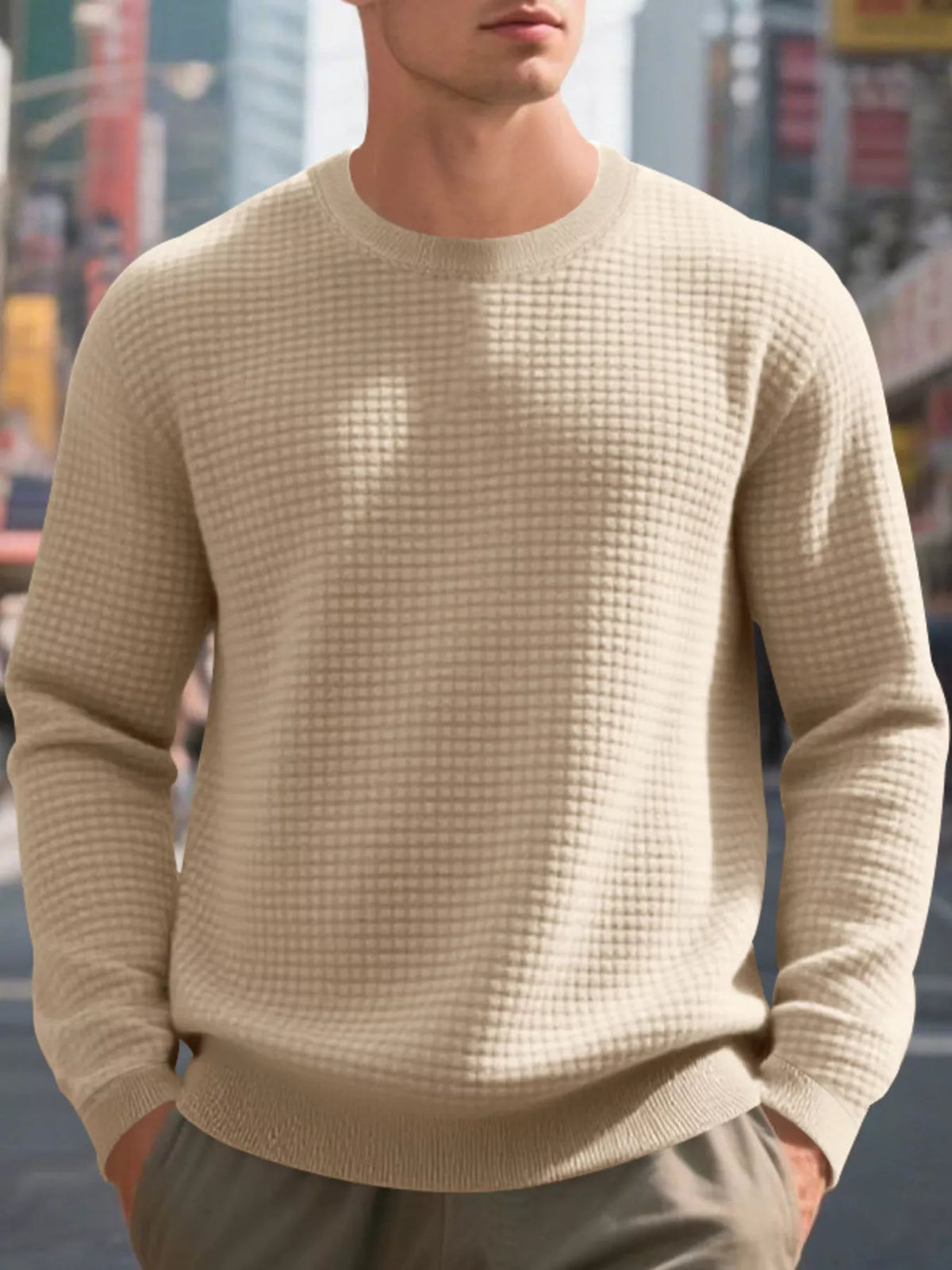 Men's Full Size Classic Waffle-Knit Crew Neck Sweatshirt Plus Size