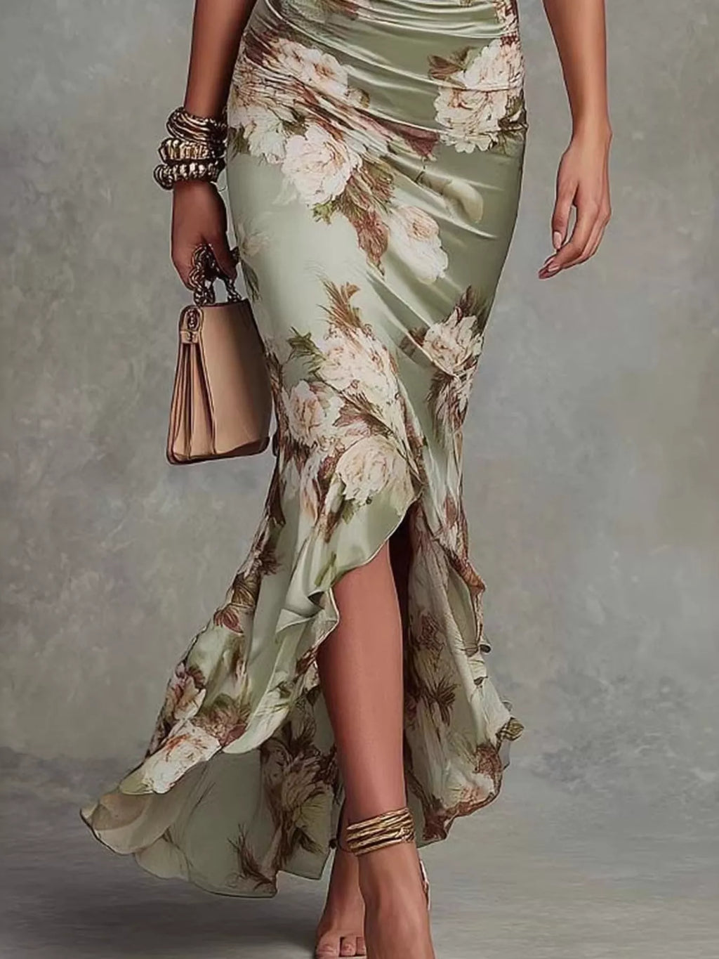 Women's Sage Floral Ruched High-Low Midi Dress - Sage