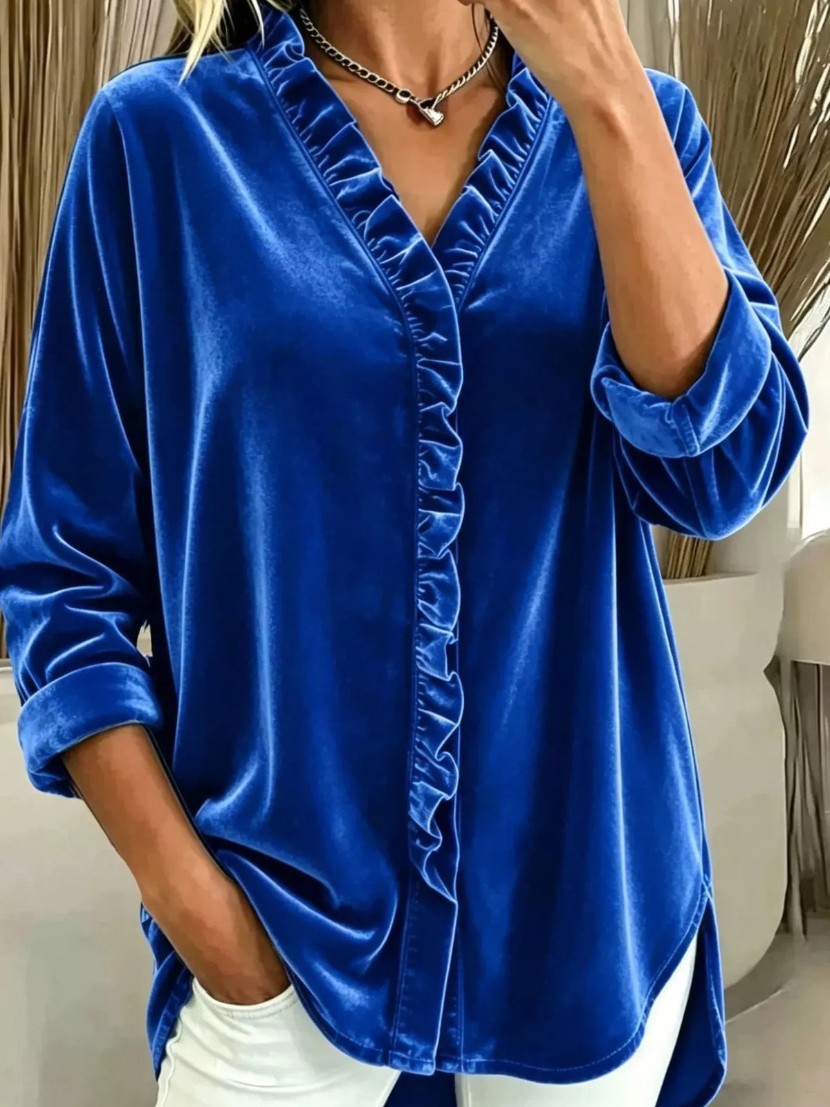 Women's Velvet Frill V-Neck Blouse - Blue