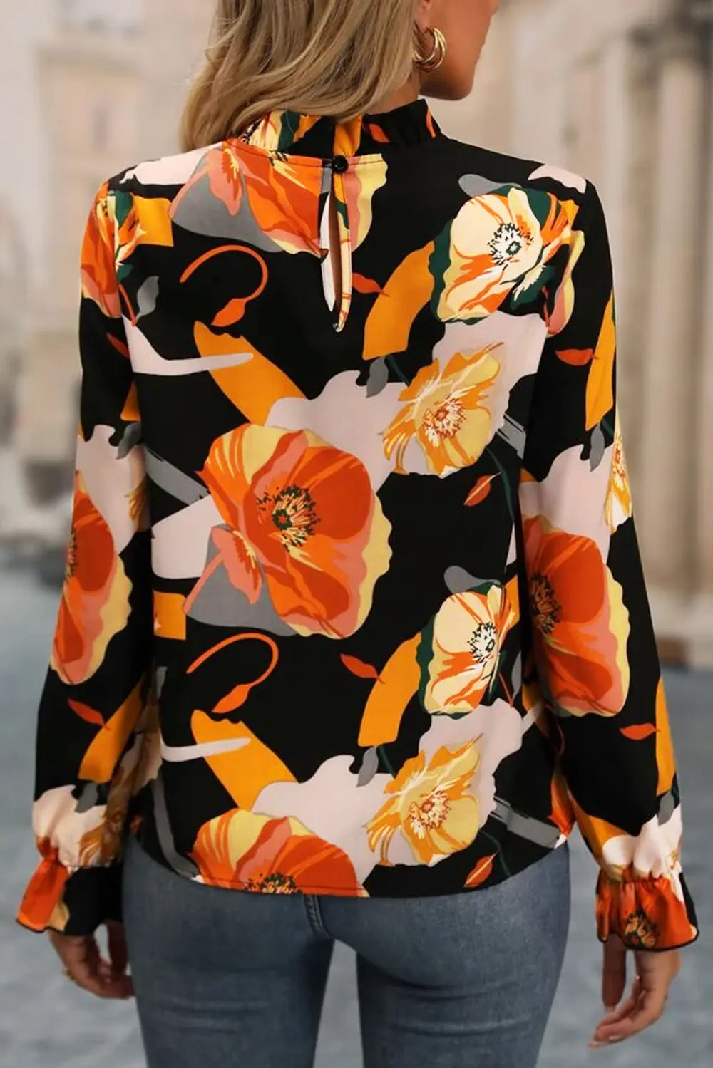 Women's Black Floral Mock Neck Flounce Sleeve Blouse - Black