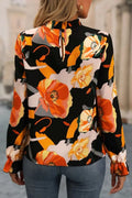 Women's Black Floral Mock Neck Flounce Sleeve Blouse - Black