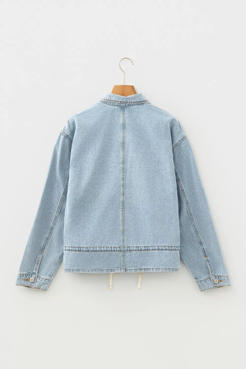 Women's Light Blue Draw-cord Hem Light Wash Denim Jacket - Light Blue