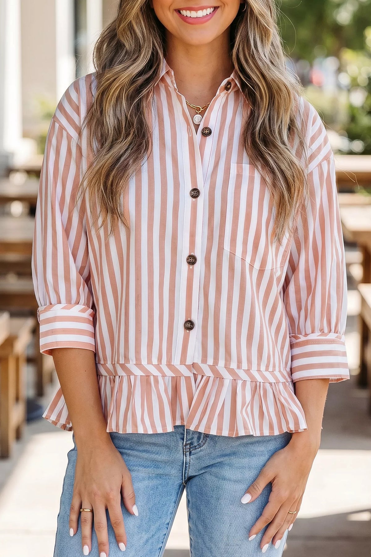 Women's Pale Blush Stripe Collar Button Front Bracelet Sleeve Ruffle Hem Shirt - Pale Blush