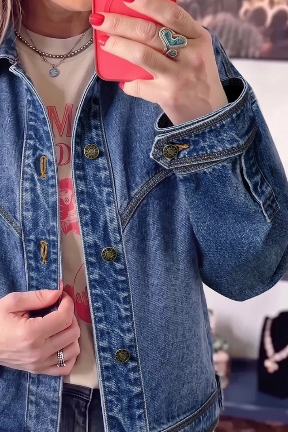 Women's Medium Button Up Dropped Shoulder Denim Jacket - Medium