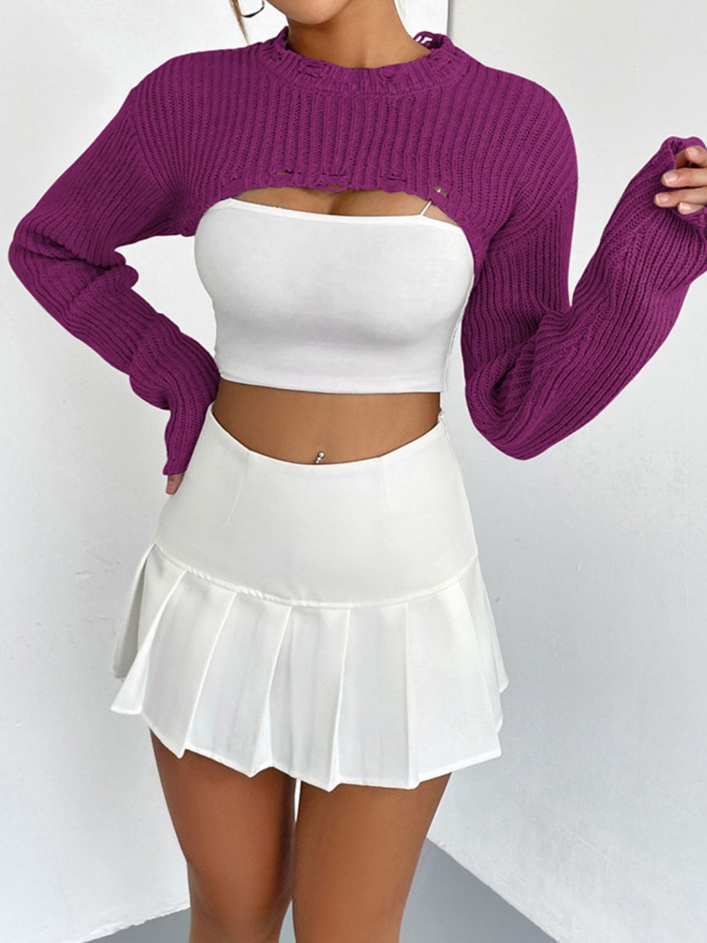 Women's Distressed Long Sleeve Cropped Sweater
