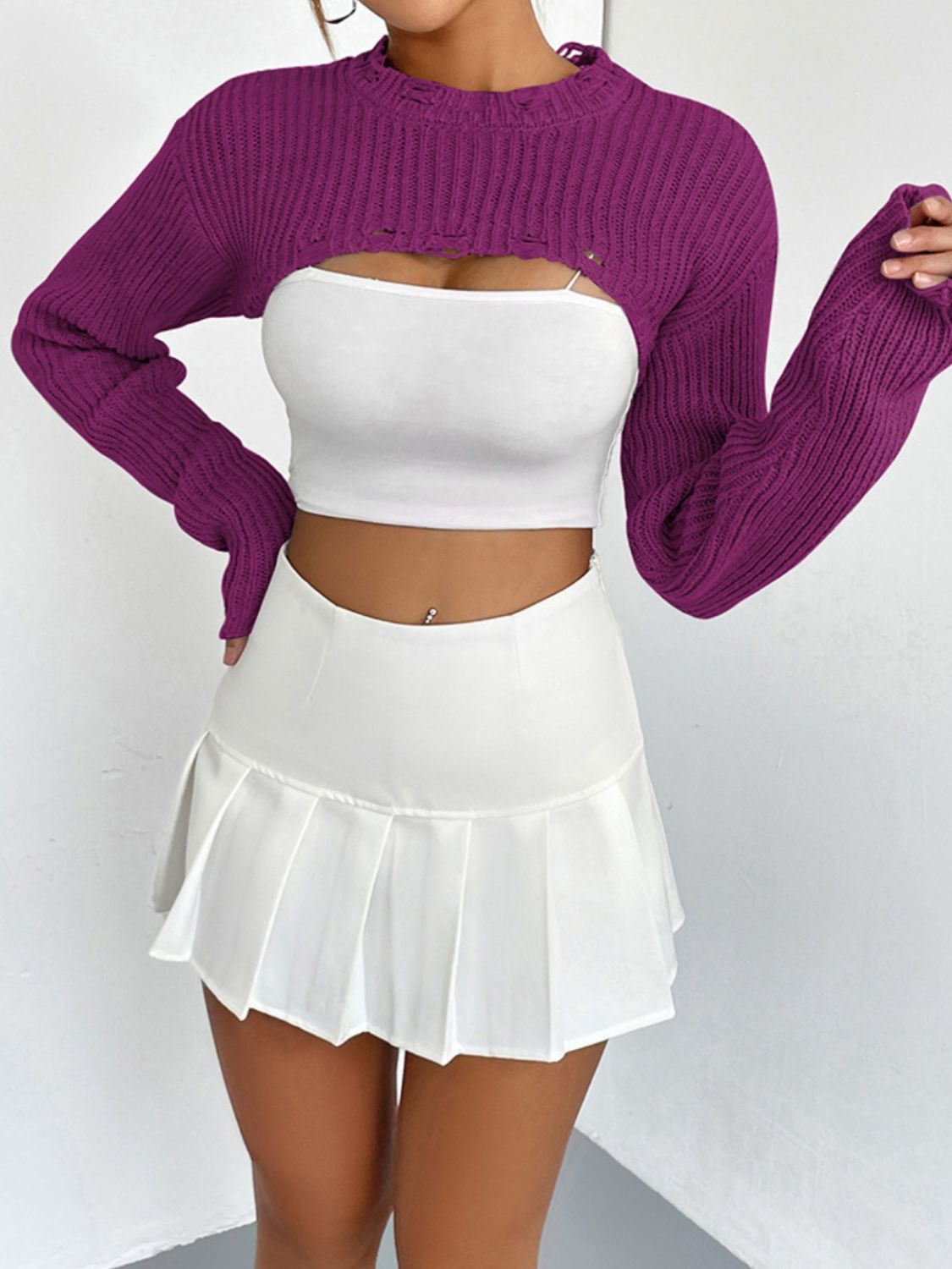 Women's Distressed Long Sleeve Cropped Sweater