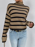 Women's Striped Turtleneck Drop Shoulder Sweater - Camel