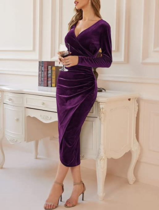Womens Solid-Color Mid-Length Elegant Cross-Neck V-Neck Dress