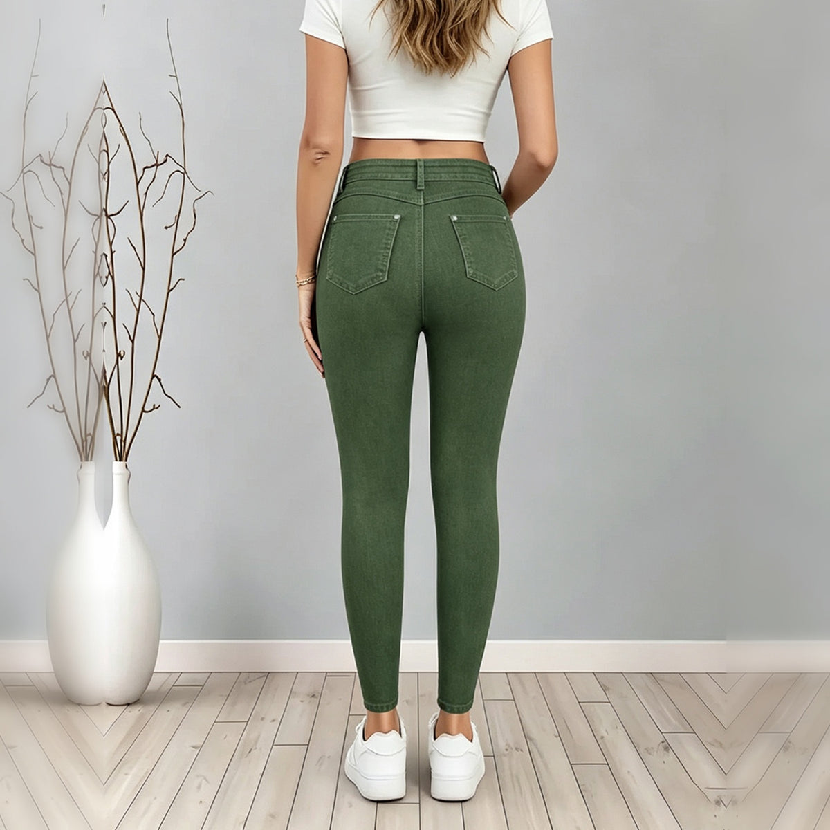 Women's Army Green High Waist Skinny Jeans, Solid Color Slim Fit Stretch Denim Pants With Pockets