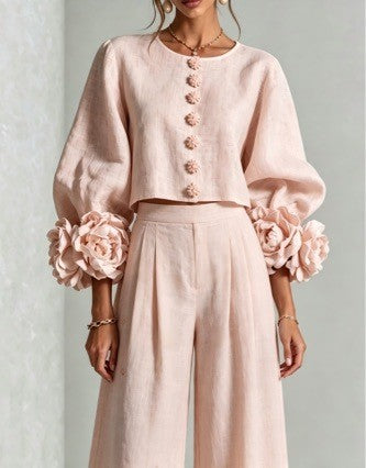 French-style Three-dimensional Floral Lantern-sleeve Top And Pants Set