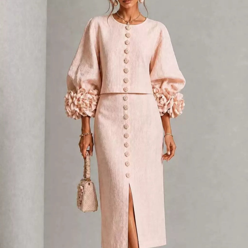 Puff-sleeved Dress With Floral Embellishments