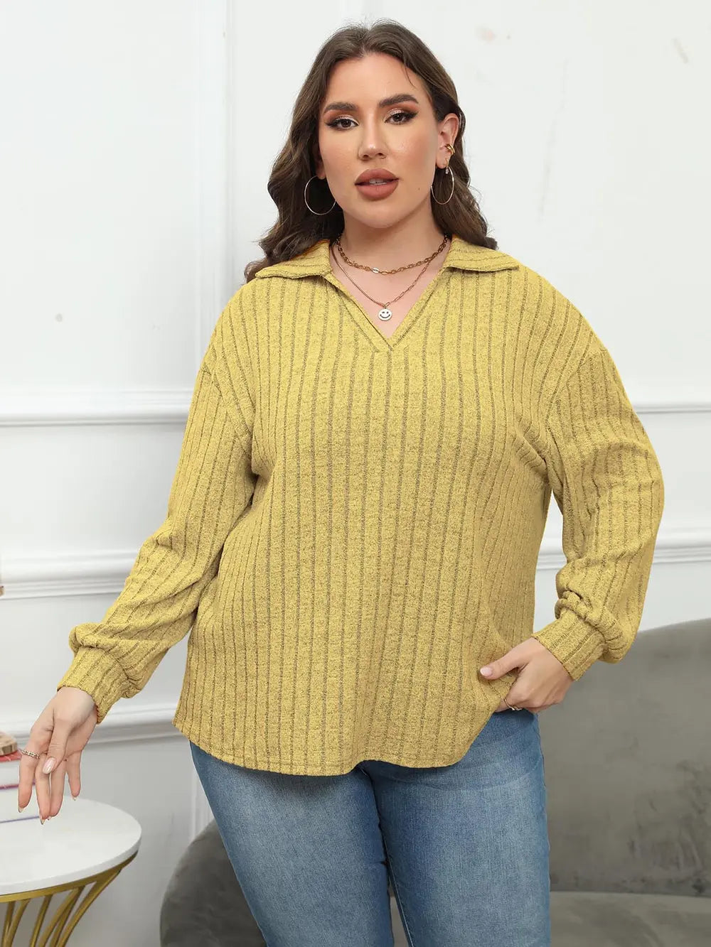 Women's Ribbed Collared Neck Long Sleeve Blouse, Plus Size