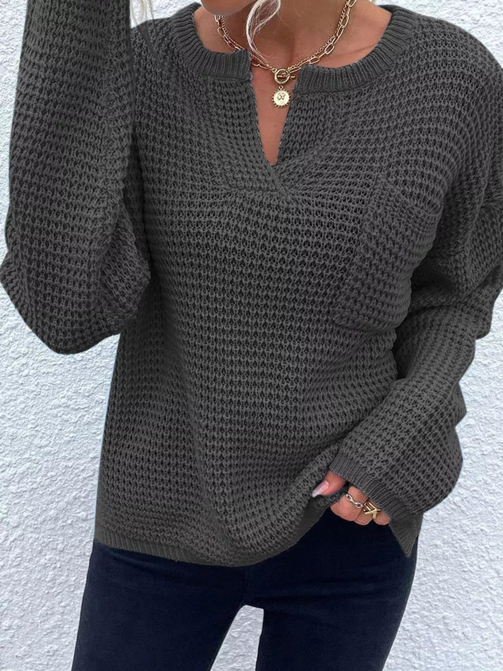 Women's Notched Long Sleeve Sweater