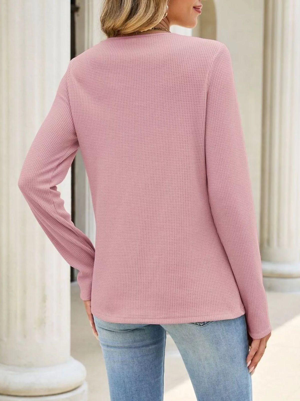Women's Lace Panel Waffle Knit Long Sleeve T-Shirt