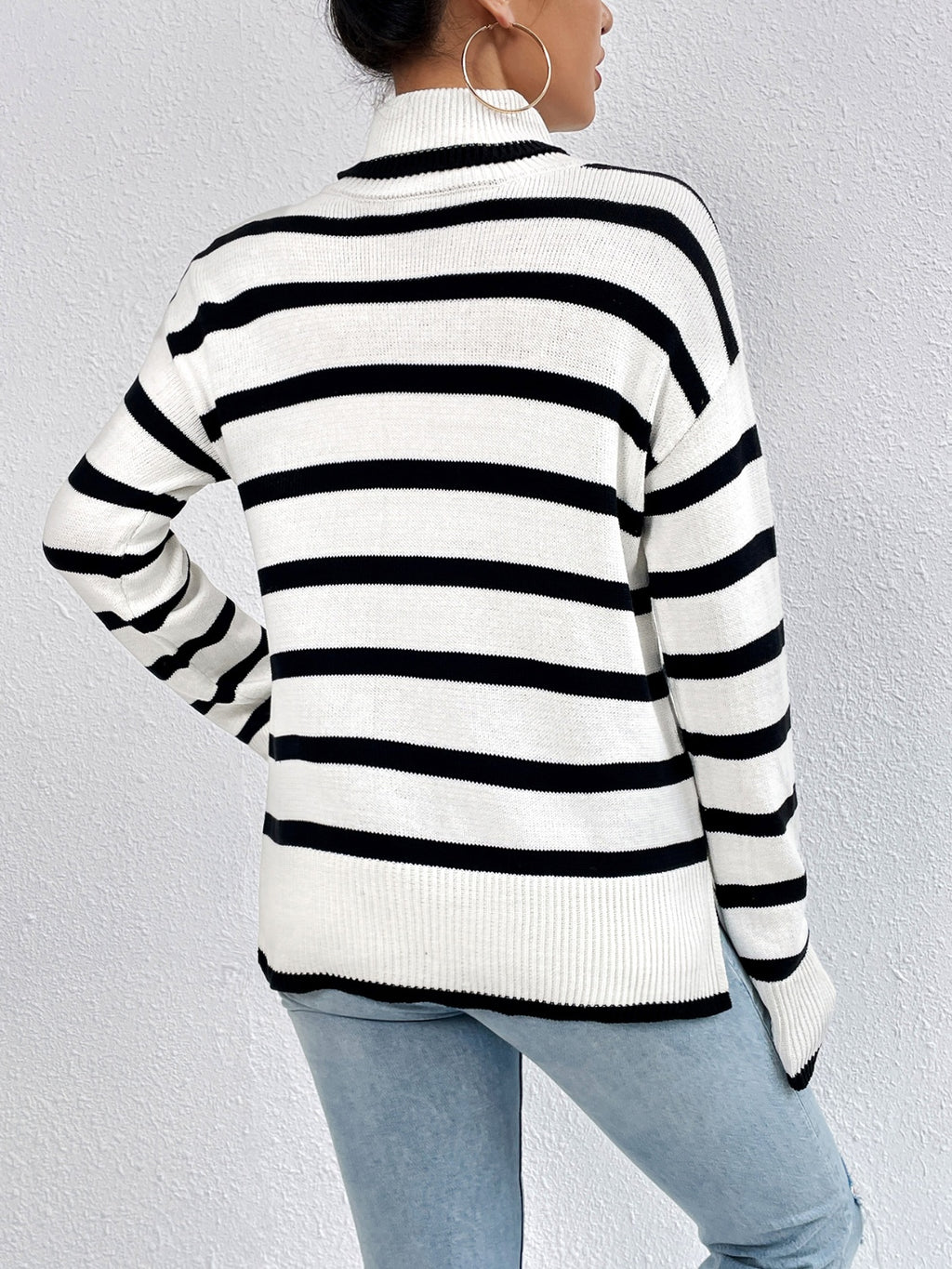 Women's Striped Turtleneck Drop Shoulder Sweater