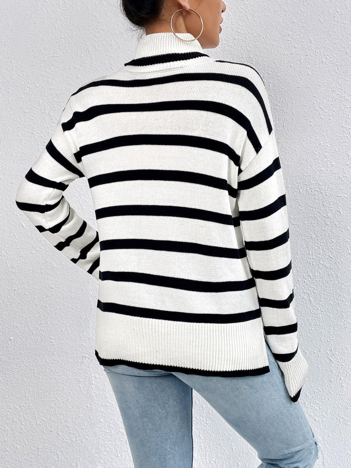 Women's Striped Turtleneck Drop Shoulder Sweater
