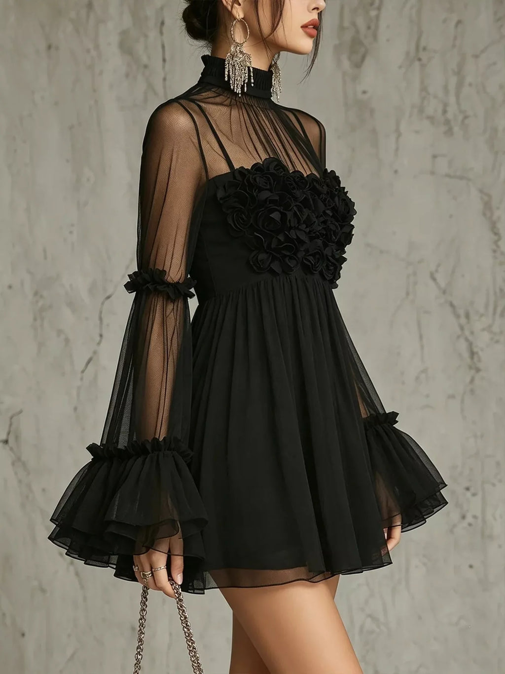 Women's Sheer Mesh Rose Applique Mini Dress