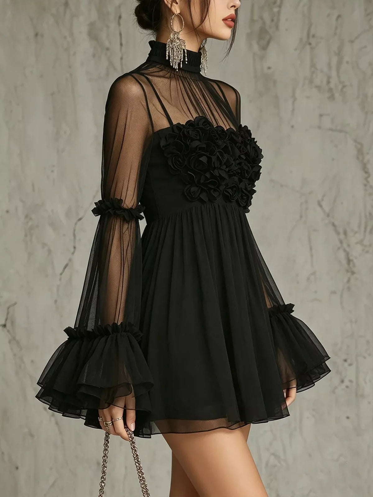 Women's Sheer Mesh Rose Applique Mini Dress