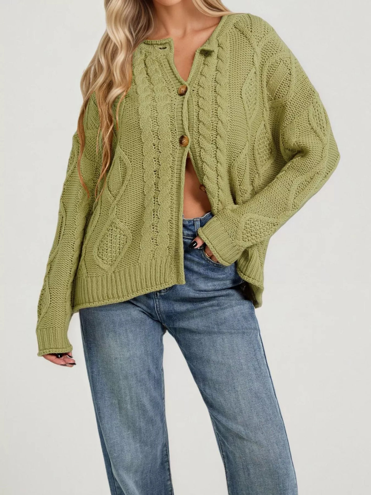 Women's Cable-Knit Button-Down Cardigan - Green