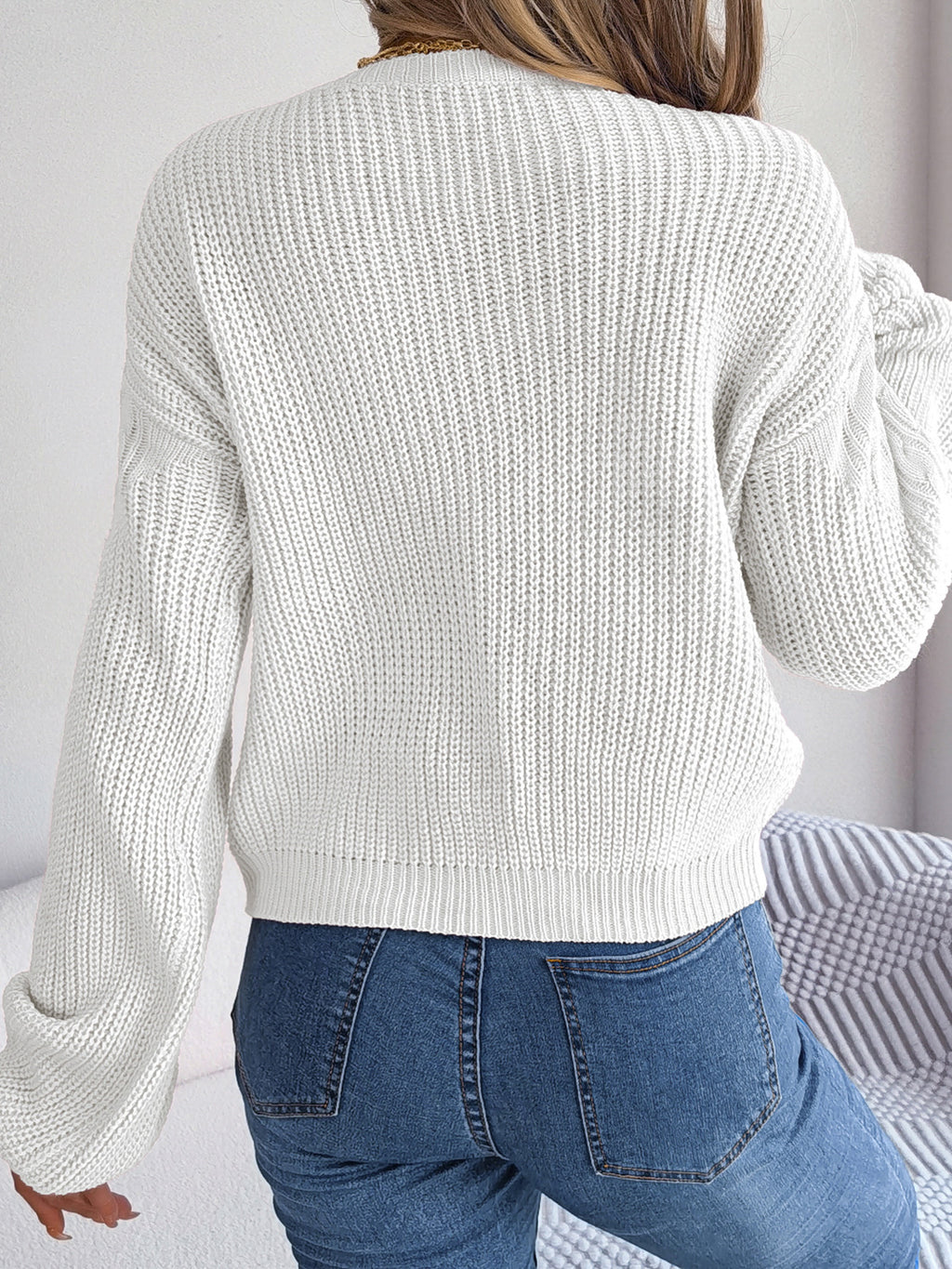 Women's Cable-Knit Round Neck Drop Shoulder Sweater