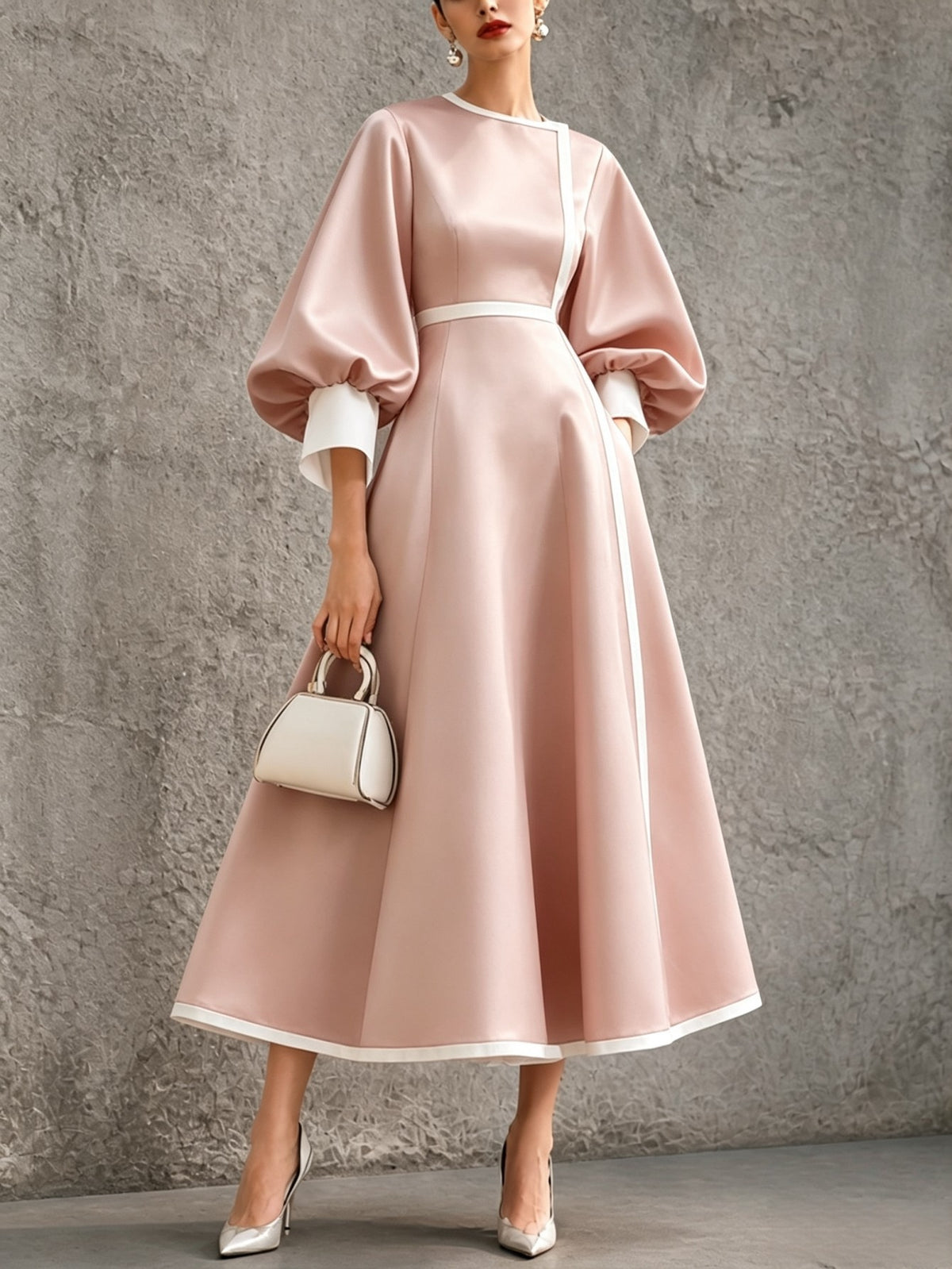 Women's Three-quarter Lantern-sleeve Color-block Dress