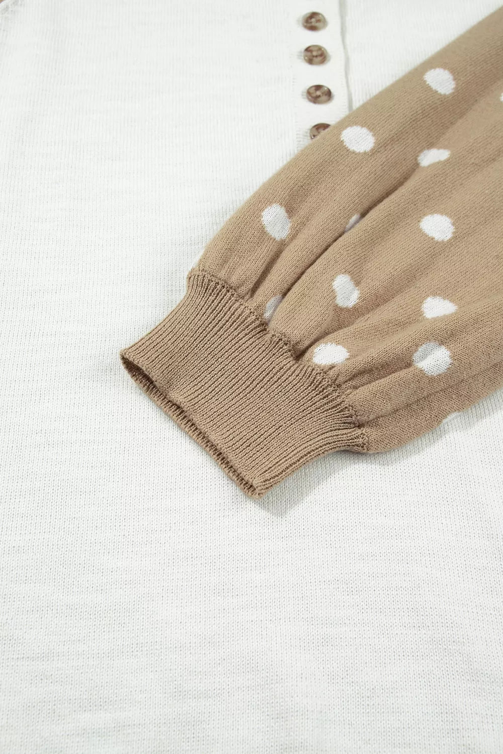 Women's White Polka Dot Contrast Long Sleeve Button V Neck Sweater - White