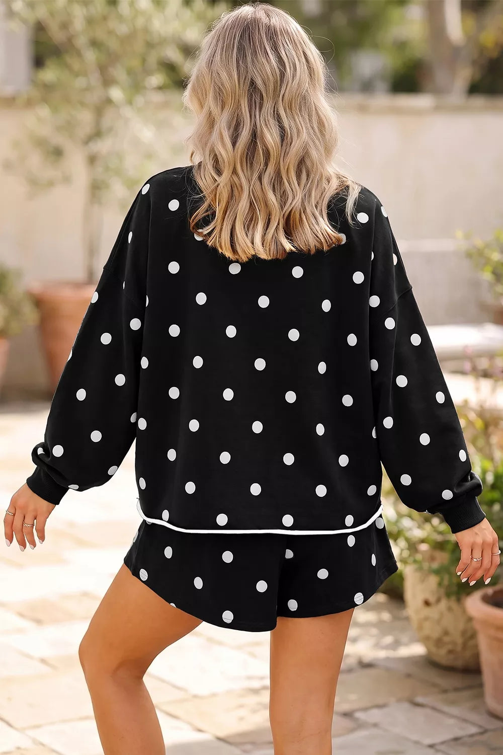 Women's Black Polka Dot Raw Hem Relaxed Pullover Loose Skort Two Piece Set - Black