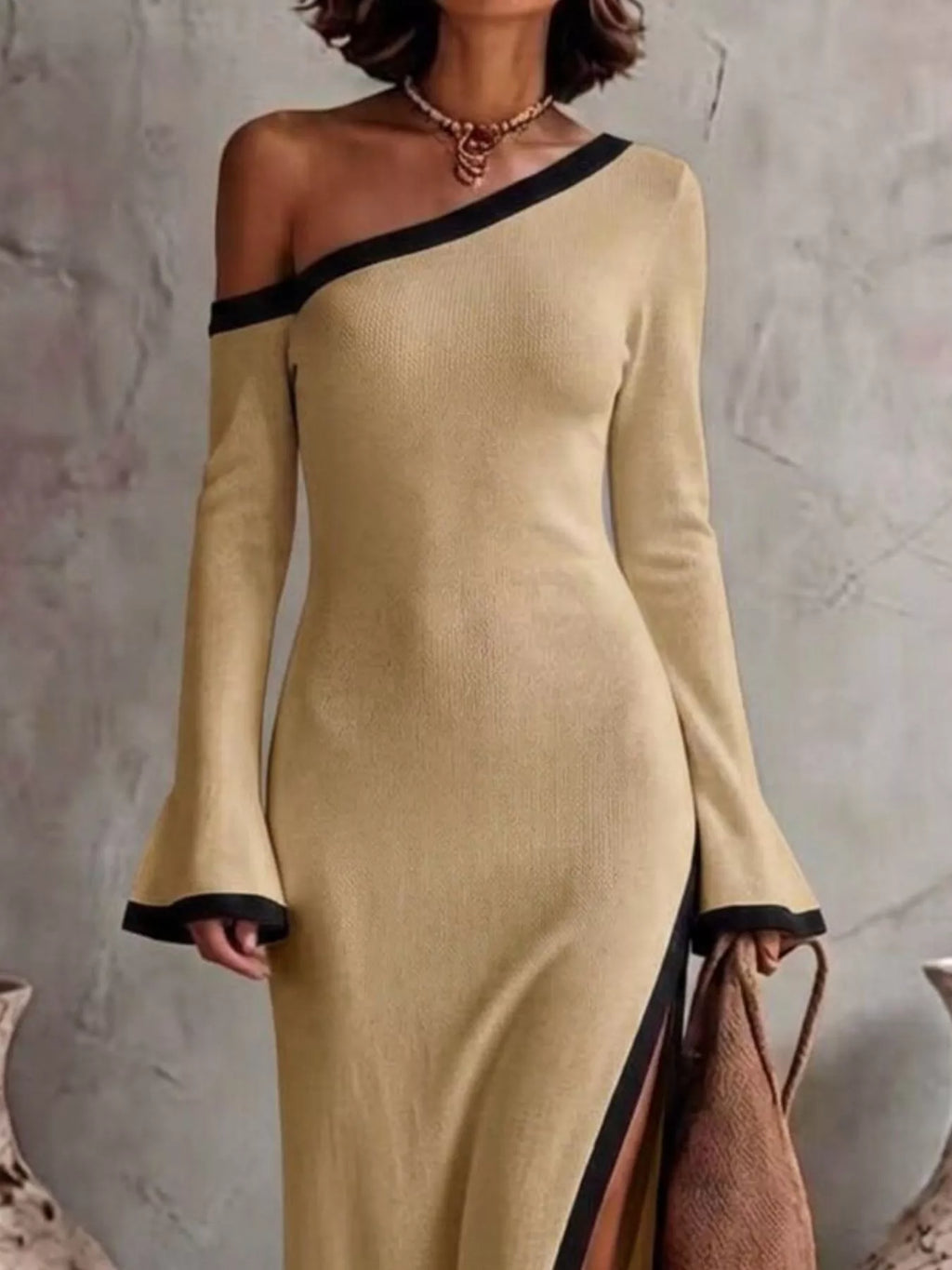 Women's Slit One-Shoulder Contrast Trim Maxi Dress