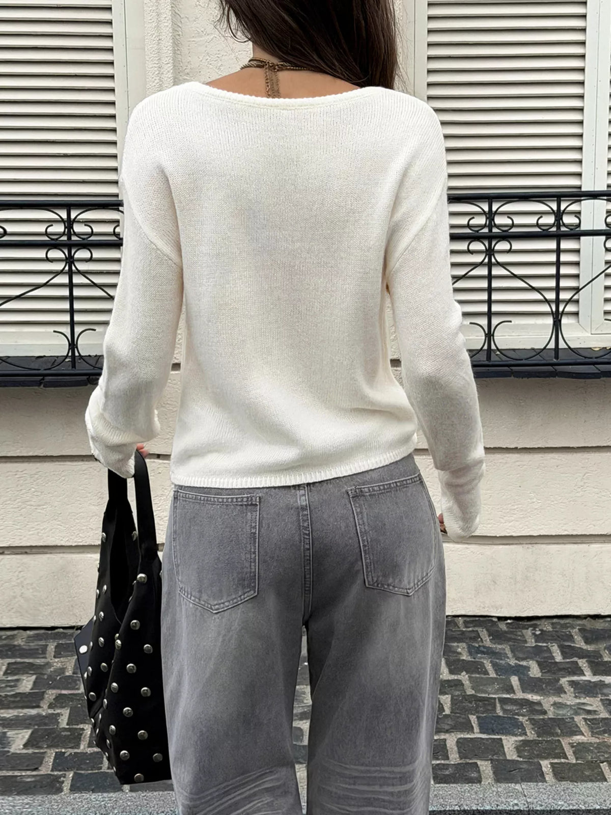 Women's White Boat Neck Dropped Shoulder Sweater - White