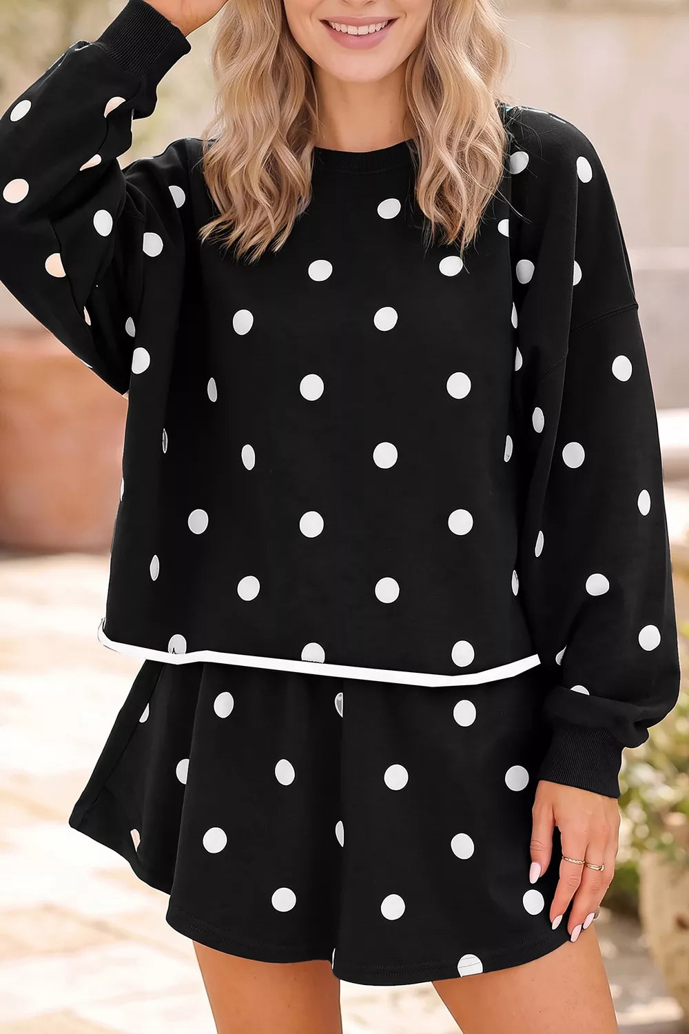 Women's Black Polka Dot Raw Hem Relaxed Pullover Loose Skort Two Piece Set - Black
