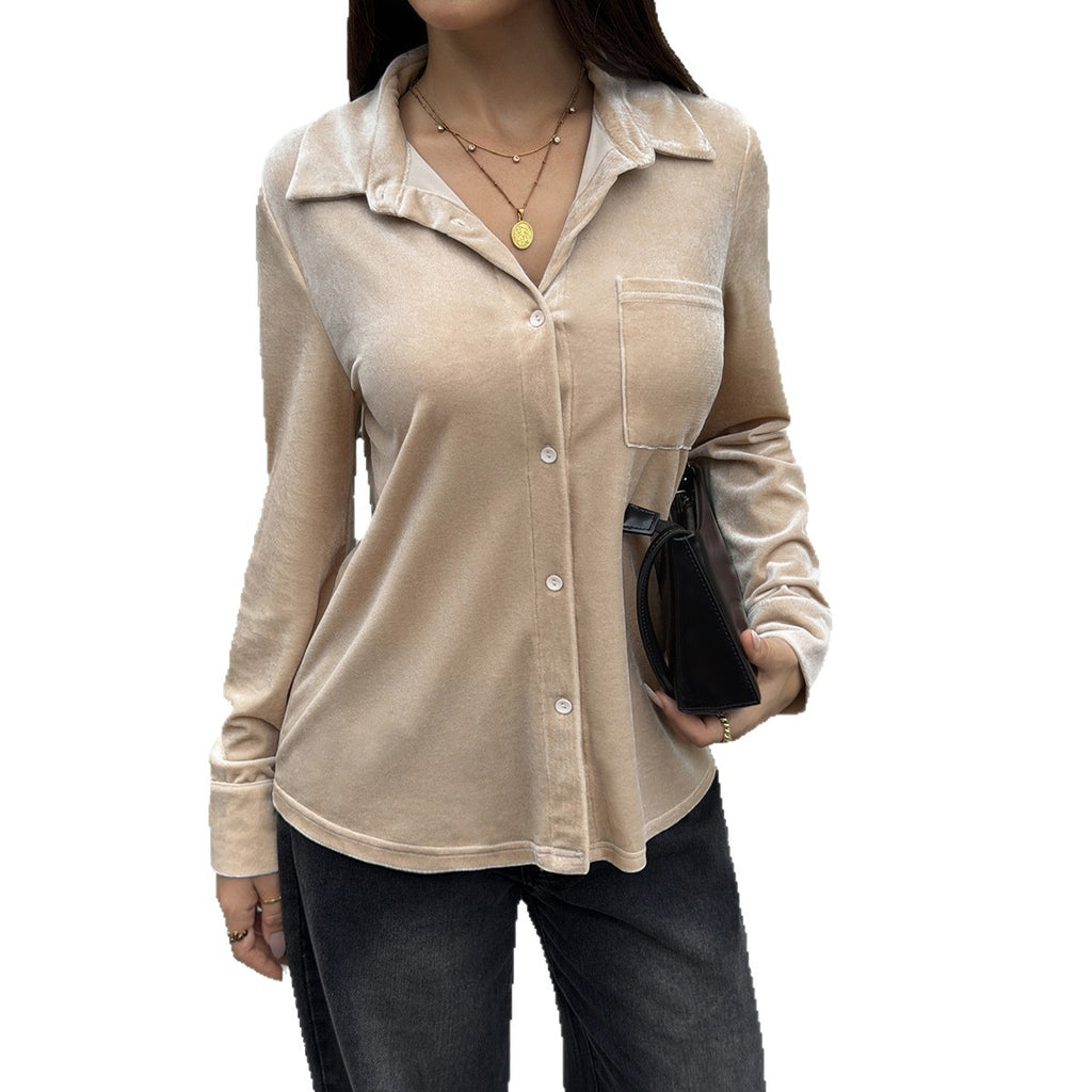 Velvet Lapel Single-breasted Pocket Blouse For Women