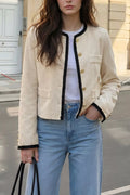 Women's Beige Contrast Trim Cropped Outerwear - Beige