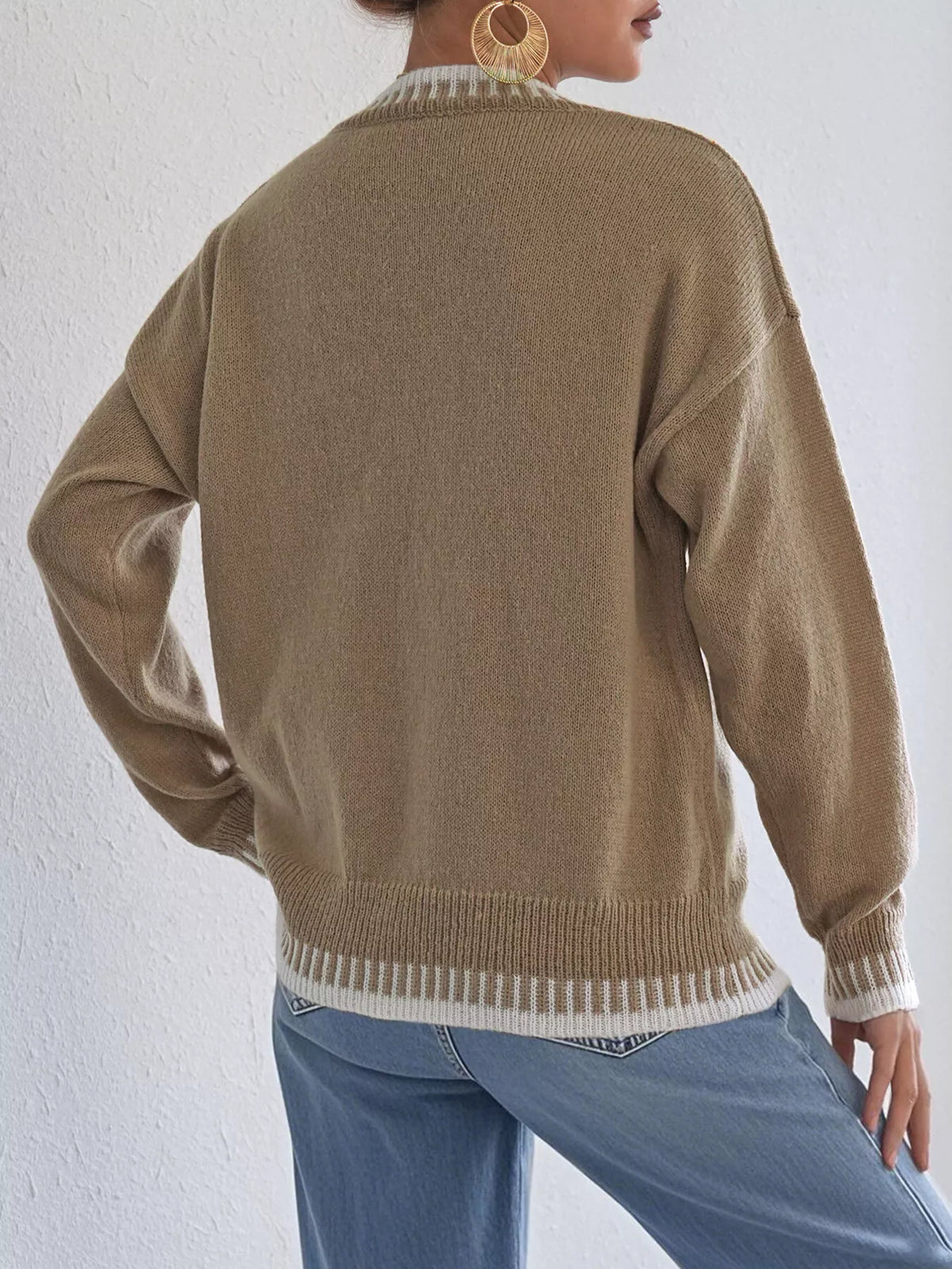 Women's Contrast Trim Crew Neck Drop Shoulder Sweater