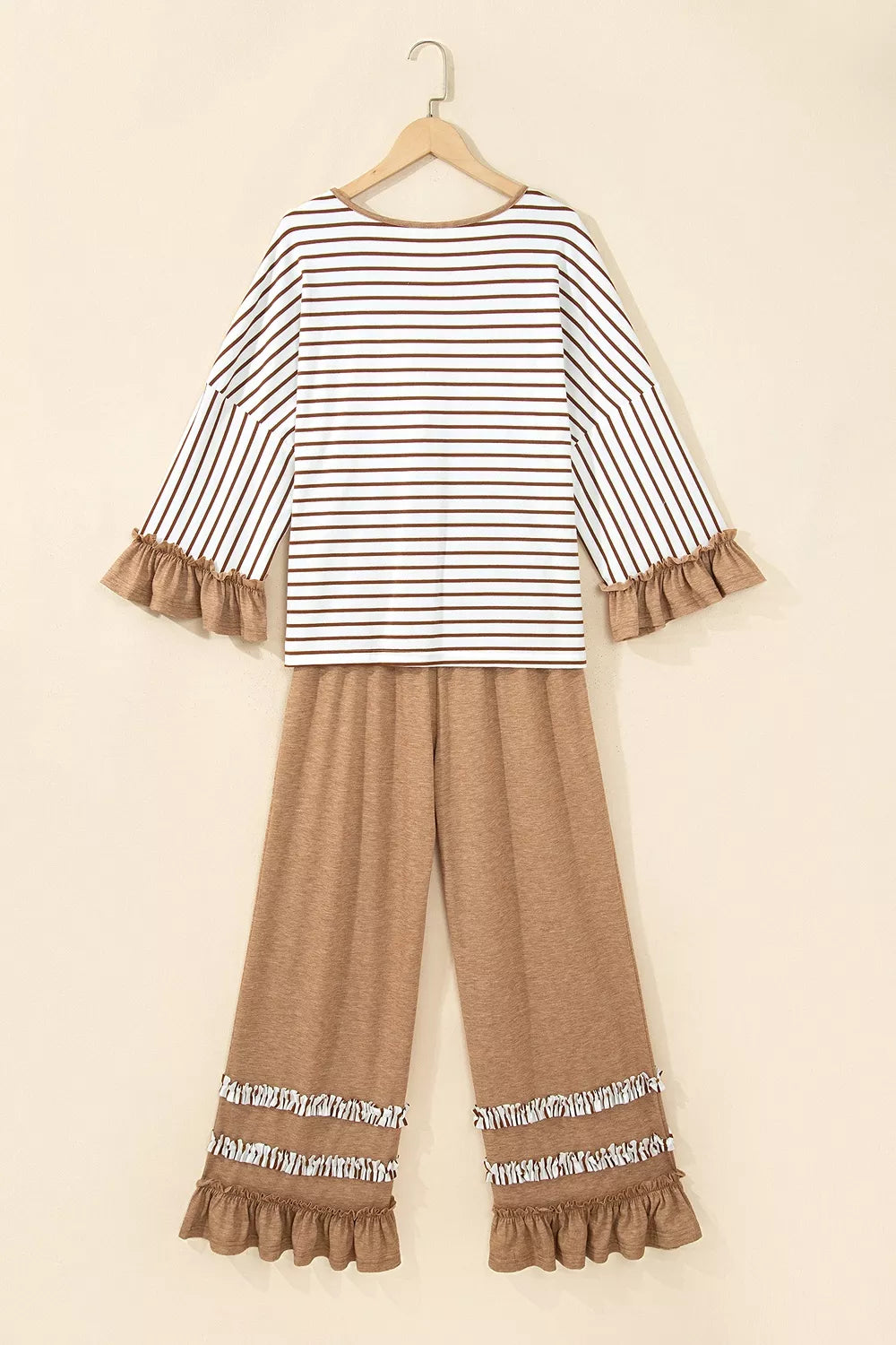 Women's Camel Stripe V Neck Ruffle Contrast Sleeve Top Drawstring Pants 2pcs Set - Camel