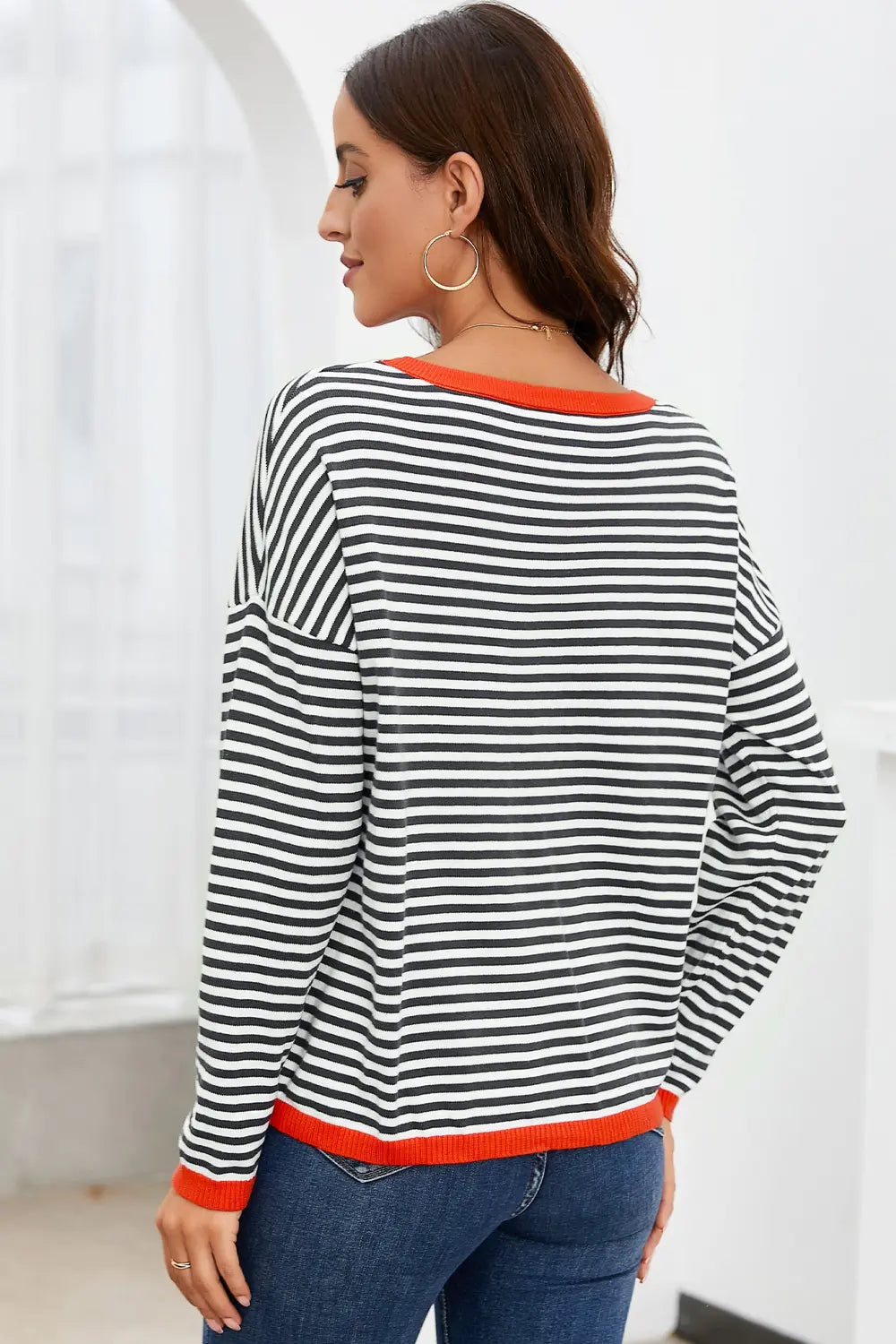 Women's Striped Round Neck Drop Shoulder T-Shirt