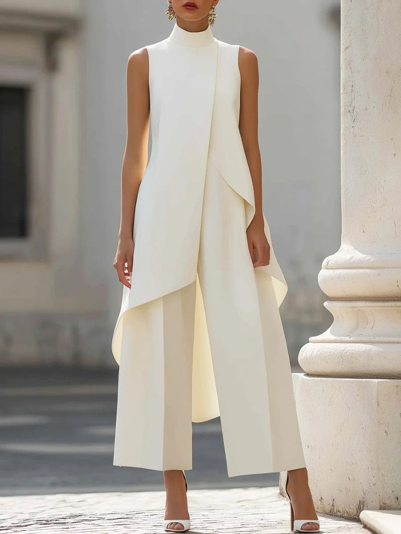 Fashion New Style, Slim-Fit Irregular Design, High-Neck Sleeveless Layered Wide-Leg Pants Two-Piece Set