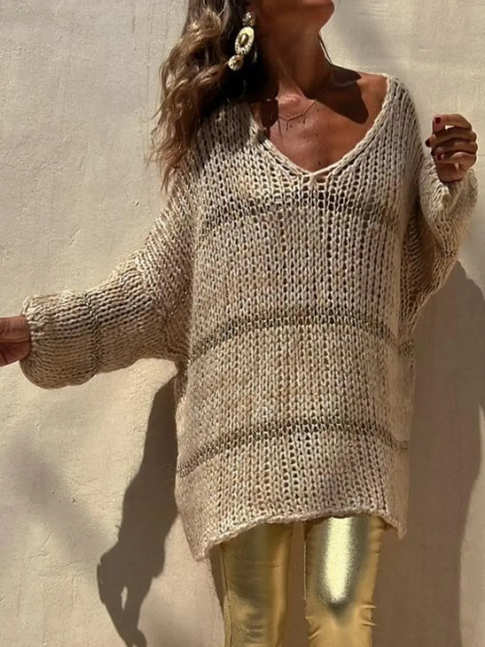 Women's Openwork V-Neck Long Sleeve Sweater