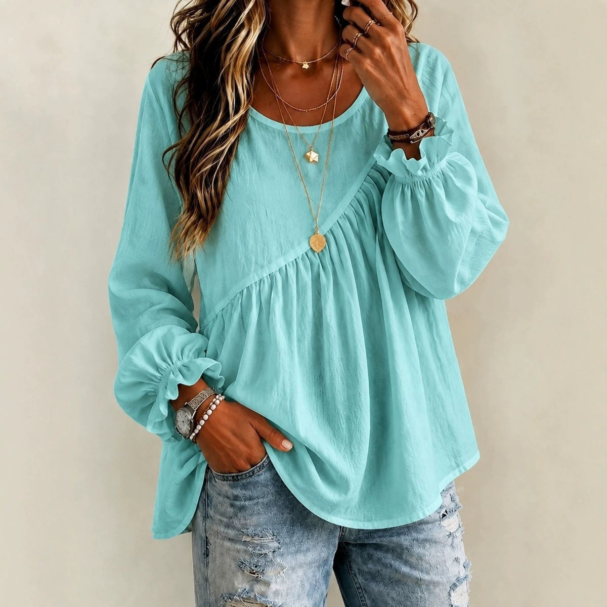 Women's 2026 New Cross-Border European And American Style Women's Solid Color Round Neck Long Sleeve Ruched Shirt Top, Casual Versatile Loose Fit