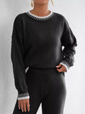 Women's Contrast Trim Crew Neck Drop Shoulder Sweater - Black