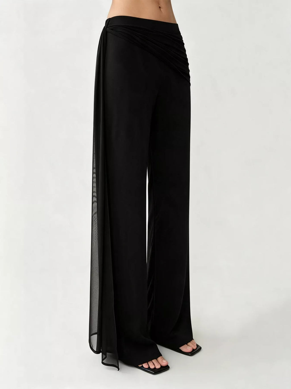 Women's Black Draped Mesh Flare Pants - Black