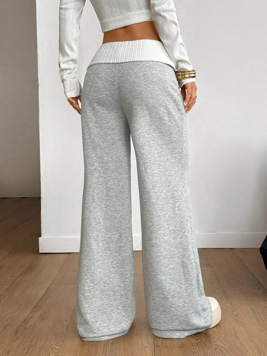 Women's Gray/white Ribbed Waistband Wide-Leg Pants - Gray/white