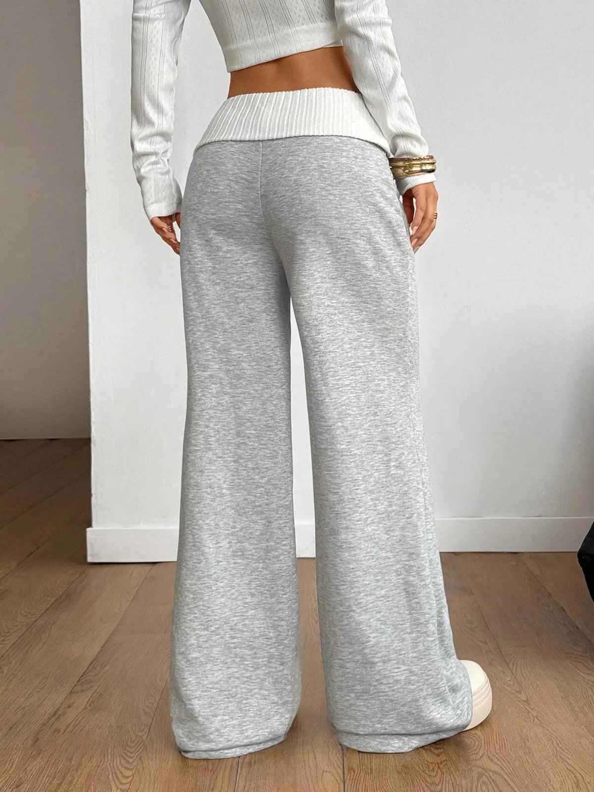 Women's Gray/white Ribbed Waistband Wide-Leg Pants - Gray/white