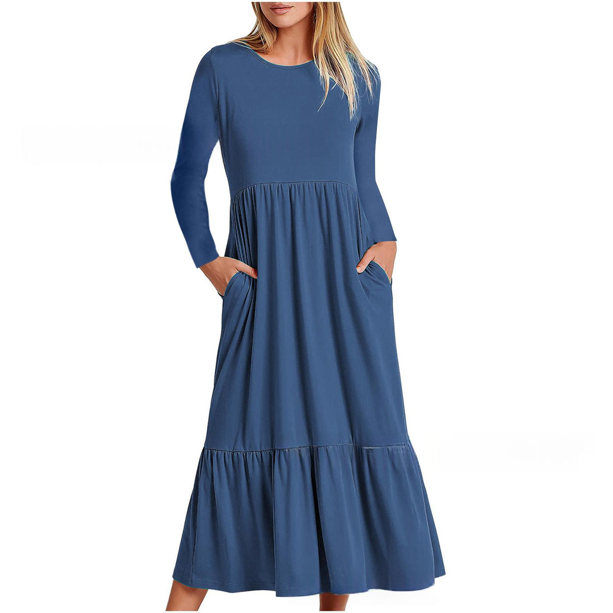 Elegant Round-neck Pleated Solid-color Maxi Dress