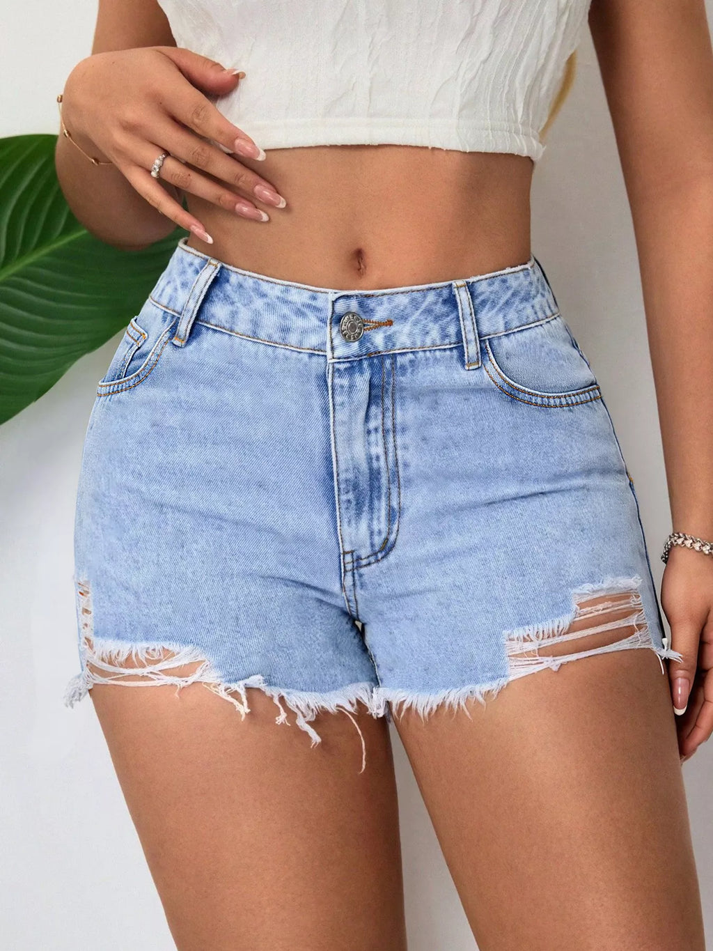 Women's Blue Distressed Raw Hem Denim Shorts - Blue