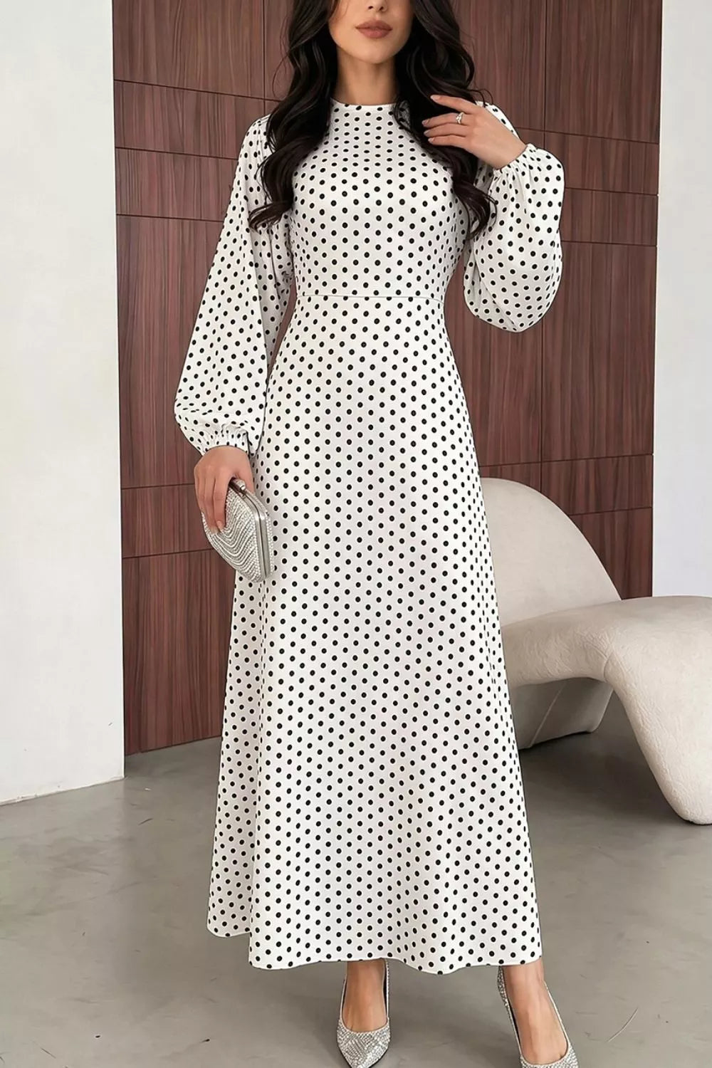 Women's Polka Dot Long Sleeve Maxi Dress - White